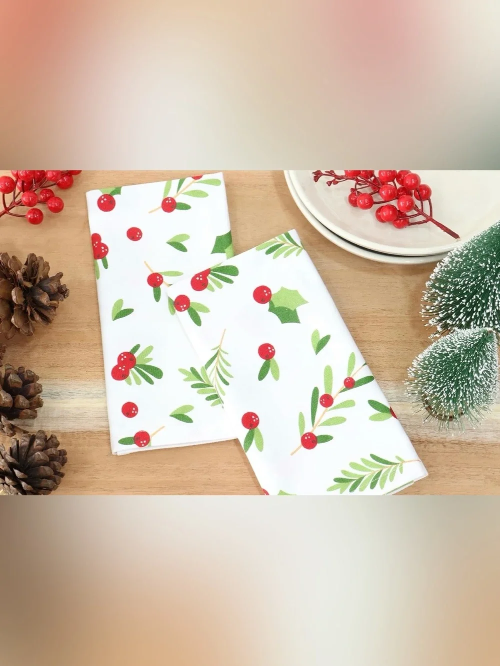 Holiday Cloth Napkins - White with Green & Red Holly Print (Set of 6)